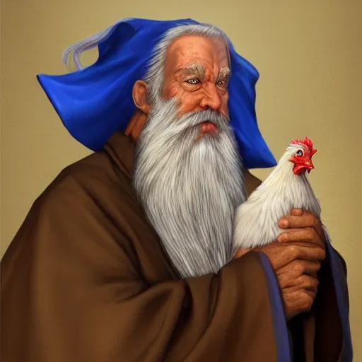 Prompt: character concept art of a kind old wizard with a long white beard looking a confused, holding a pet chicken perched top of his hat, wearing a blue robe, blue eyes, realistic, detailed, trending on ArtStation, by Gerald Brom