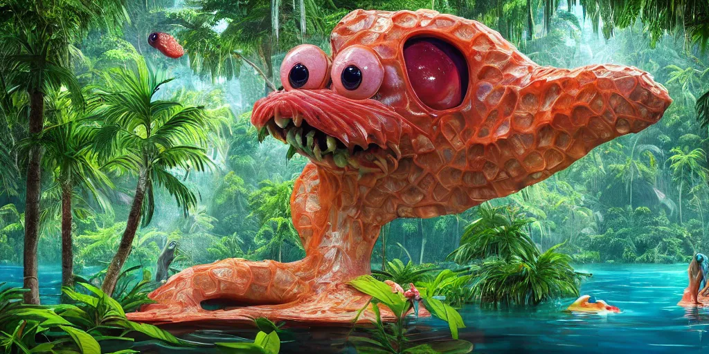 Image similar to of a tropical rainforest lake with strange cute friendly happy creatures with huge eyes, mouth, long tongue, round teeth and goofy face, appearing from the water, in the style of gehry and gaudi, macro lens, shallow depth of field, ultra detailed, digital painting, trending artstation, concept art, illustration, cinematic lighting, photorealism, epic, octane render