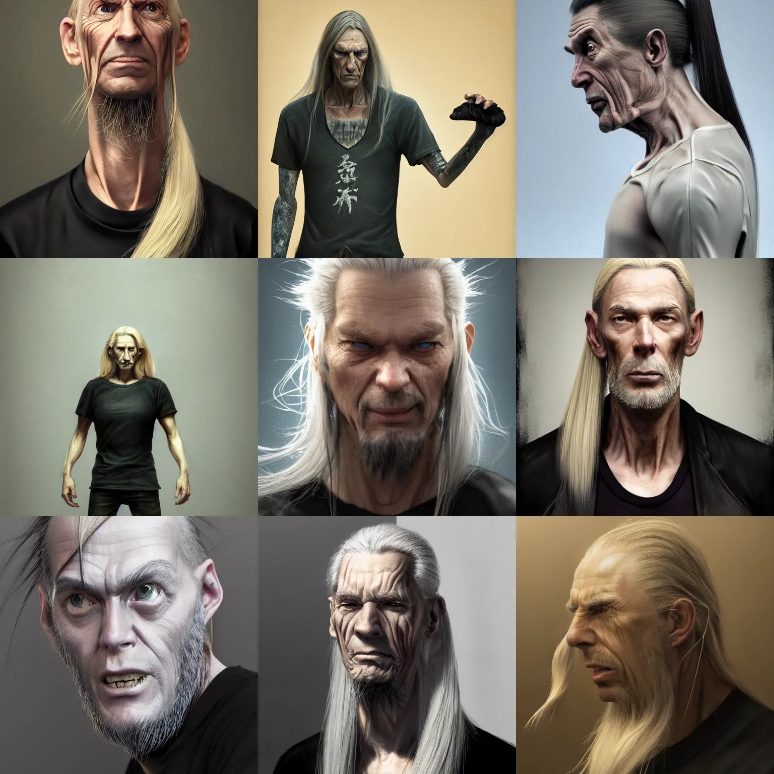 Prompt: grumpy tall man, 4 5 yo, emaciated shaved face, extremely long blonde straight hair in a ponytail, black t - shirt, 3 d render, hyper - realistic detailed portrait, ruan jia, wlop. scifi, fantasy, magic the gathering, hyper detailed, octane render, concept art, peter mohrbacher