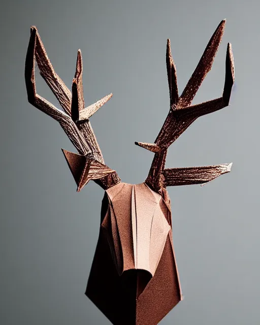 Prompt: an origami stag head by akira yoshizawa, realistic, very detailed, complex, intricate, studio lighting, bokeh, sigma 5 0 mm f 1. 4