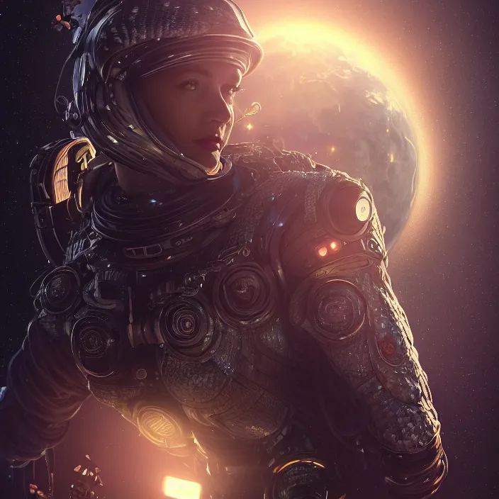 Prompt: very detailed portrait of a majestic snake, dressed in a spacesuit, sci - fi, futuristic, details, intricate, octane render, redshift, smooth, illustration, fairy lighting, stars and planets in the background, hyperrealistic, by dmitry prozorov, loish, and wlop, trending on artstation, hyperdetailed, hyperrealism