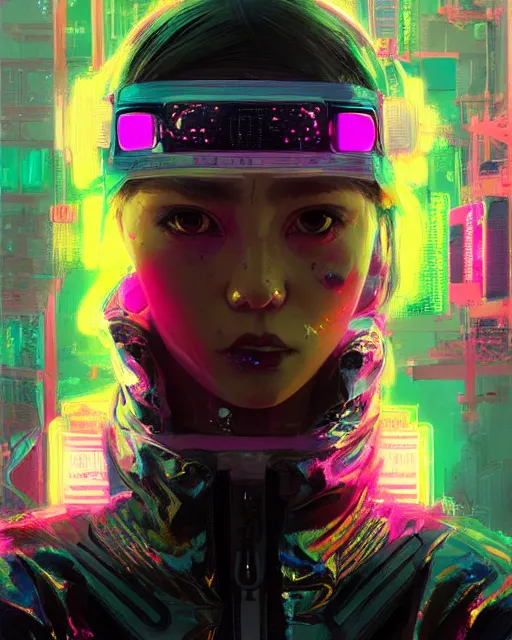 Image similar to detailed portrait Neon Operator Girl, cyberpunk futuristic neon, reflective puffy coat, decorated with traditional Japanese ornaments by Ismail inceoglu dragan bibin hans thoma greg rutkowski Alexandros Pyromallis Nekro Rene Maritte Illustrated, Perfect face, fine details, realistic shaded, fine-face, pretty face