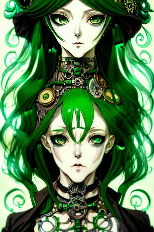 Image similar to beautiful green hair anime woman victorian dress, steampunk, fantasy, eerie, intricate details, pixiv, digital painting, artstation, concept art, 8 k, art by artgerm, loish and alohonse mucha and eiichiro oda symmetrical face symmetrical eyes