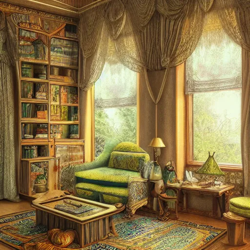 Image similar to room interior with furniture, art forms in nature, inspired by ernst haeckel, morning light, intricate high details, sharp, ultradetailed