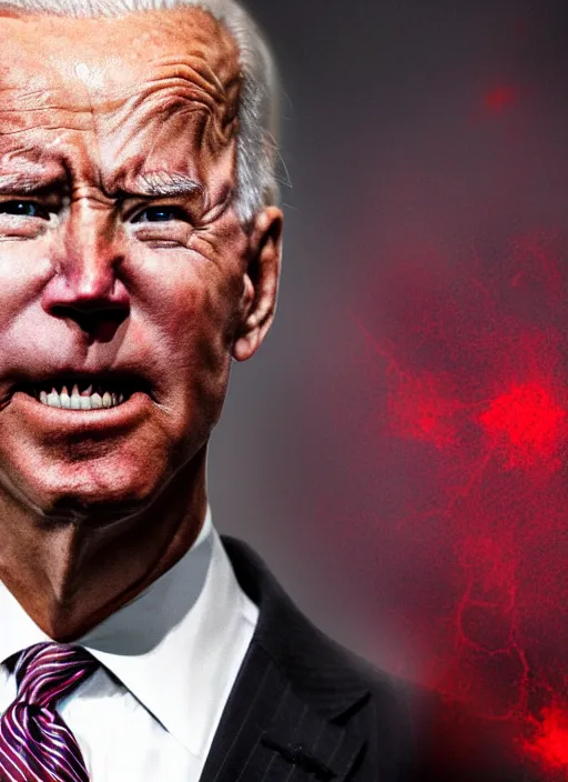 Image similar to hyper realistic ultra realistic vengeful photo furious glowing red eyes biden, high quality photo, detailed , 8k