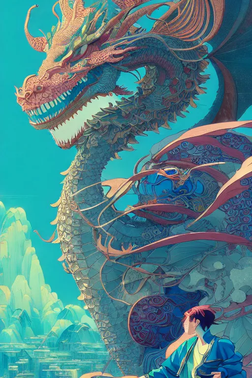 Image similar to a beautiful hyperdetailed character design 4 k wallpaper illustration of cyan dragon victo ngai, from china, style of studio ghibli, makoto shinkai, raphael lacoste, louis comfort tiffany, artgerm, xision, james jean, ross tran, chinese style