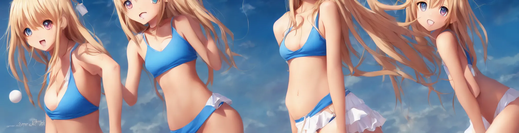 Prompt: a very beautiful young anime tennis girl, full body, long wavy blond hair, sky blue eyes, ( ( ( full round face ) ) ), short smile, bikini, miniskirt, front view, mid - shot, highly detailed, cinematic wallpaper by stanley artgerm lau