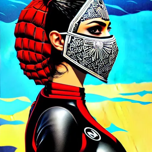 Prompt: a portrait of a persian woman wearing a diver suit and mask with side profile blood in ocean intricate details by MARVEL comics and Sandra Chevrier-C
