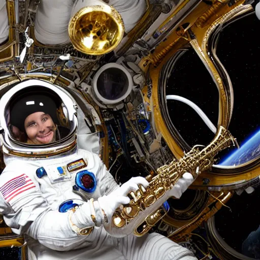 Prompt: astronaut using a saxophone in space, hd, earth, realistic, detailed, award winning image