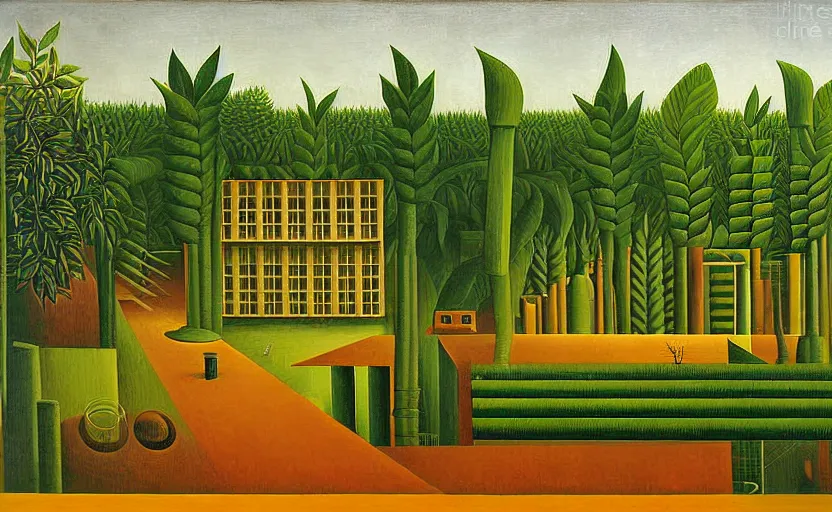 Prompt: geometric painting of industrial buildings surrounded by undergrowth by henri rousseau