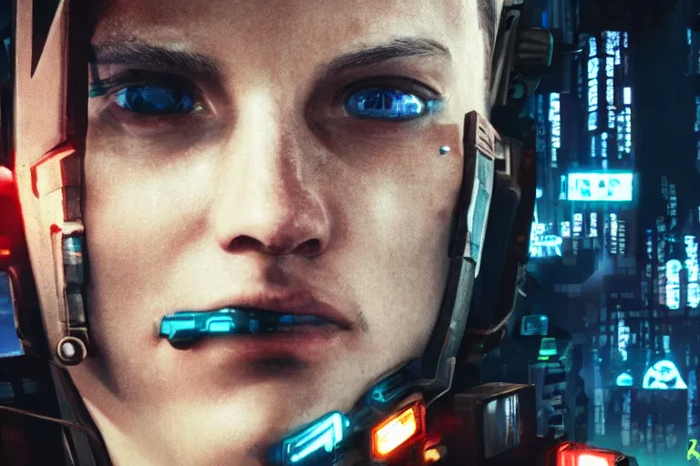 Prompt: video game movie of a cyberpunk hacker closeup portrait in high tech compound by Emmanuel Lubezki