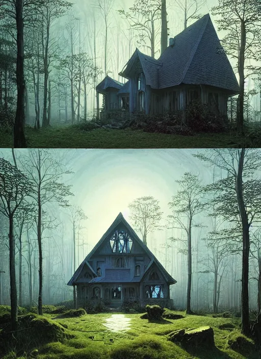 Image similar to hyper realistic witchy modern gothic house with mood lighting and tech in the woods gorgeous lighting, sunbeams blue sky, highly detailed, lush forest foliage painting by zdzisław beksinski and norman rockwell and greg rutkowski weta studio, and lucasfilm