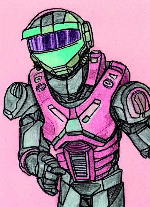 Image similar to master chief drawn with markers on a pink background