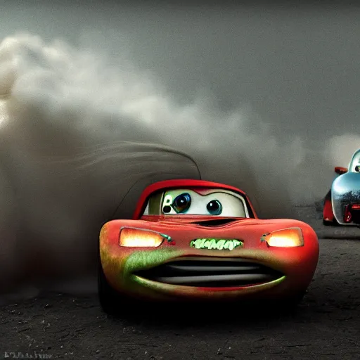 Prompt: tow mater and lightning mcqueen smoke dmt out of tinfoil, ethereal world, 8k, cgsociety, octane, by dasic fernandez