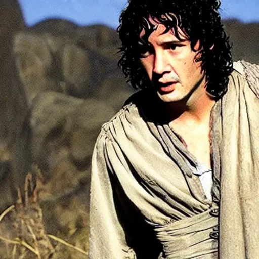 Prompt: keanu reeves as frodo baggins, still image from lord of the rings