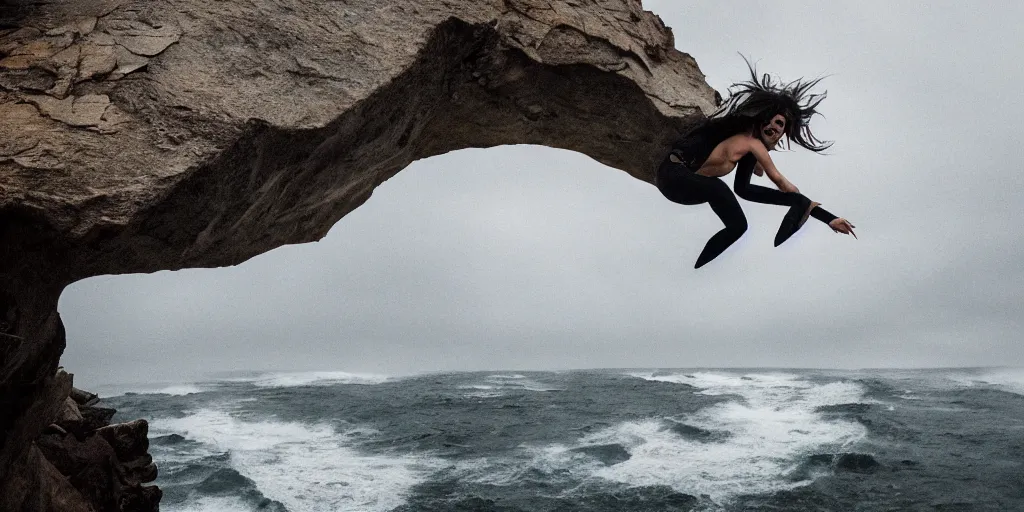 Image similar to catgirl jumping through a precipice on the coast up high, waves shattering on the rock, dramatic atmosphere, gloomy rainy weather, cinematic