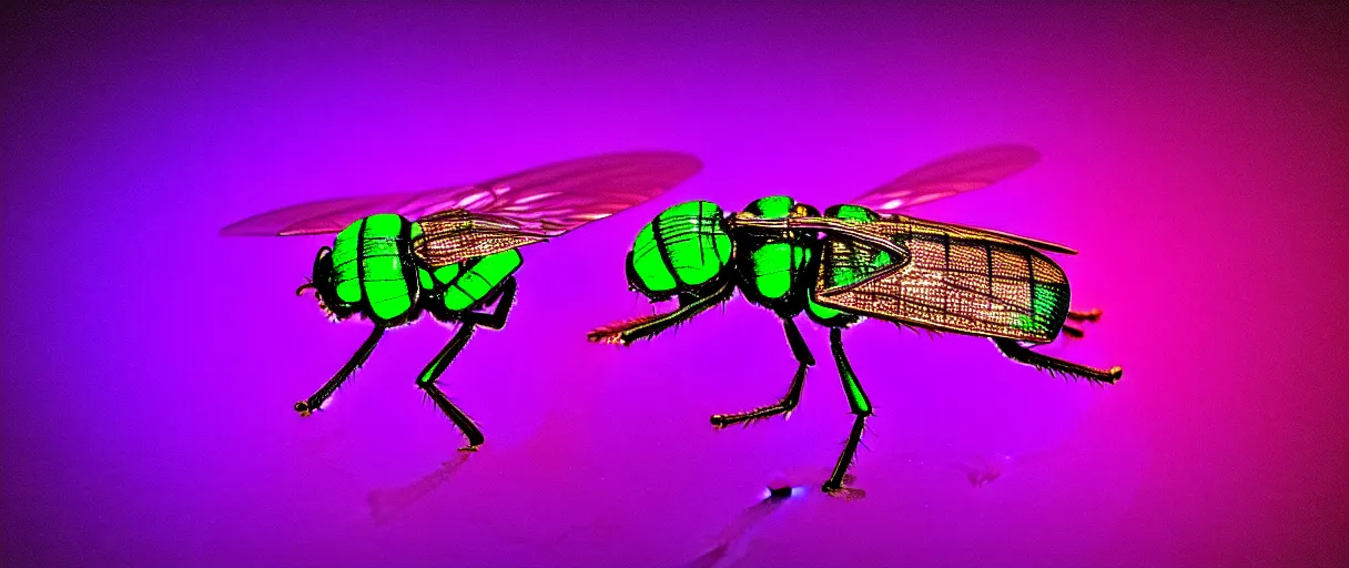 Prompt: high quality photo glowy iridescent mutant fly! jeweled very beautiful! highly detailed digital art david ligare elson peter cinematic purple neon lighting high quality low angle hd 8k sharp shallow depth of field