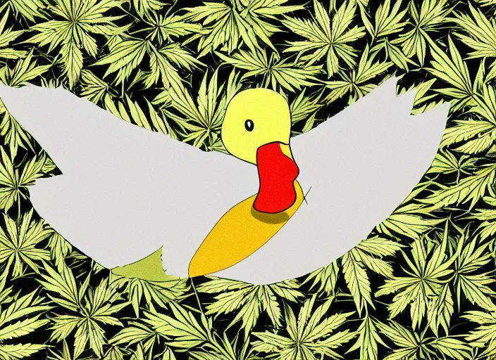 Image similar to !dream duck, marijuana leaves, duck surrounded by weed leaves