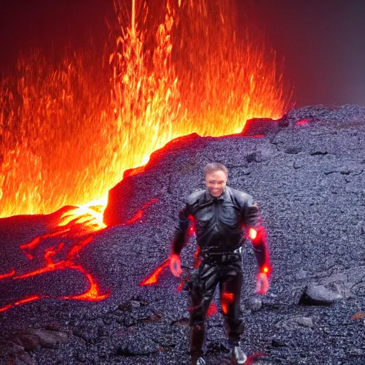 Prompt: A frontal view photo of a terminator walking on lava at night