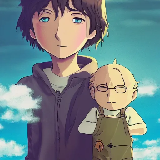 Prompt: guy and small creature , with Fragile looking character portrait face at sunshine made by Studio Ghibli highly detailed art, beautiful scene, sharp focus, smooth, nostalgic 8k, anime art, details,