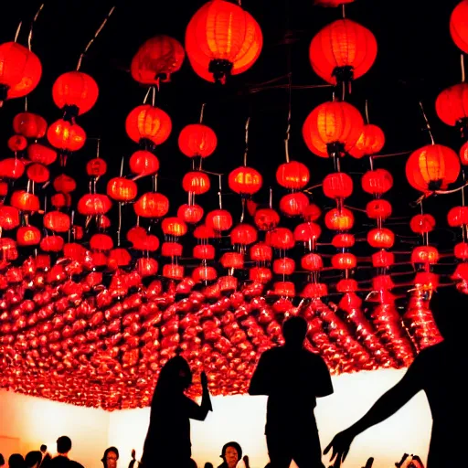 Image similar to night club, red chinese lanterns, people's silhouettes
