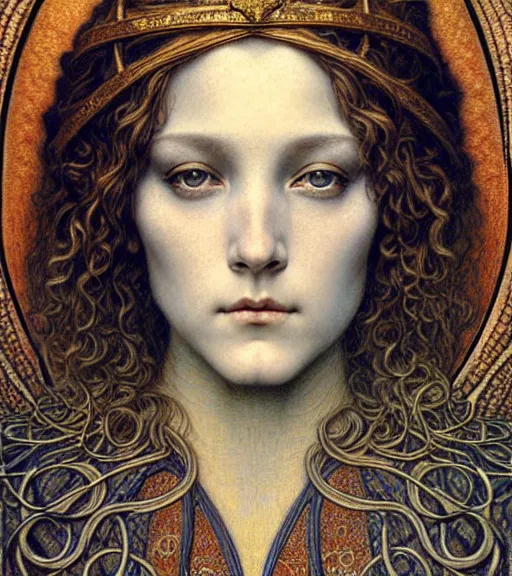 Image similar to detailed realistic beautiful young medieval queen face portrait by jean delville, gustave dore and marco mazzoni, art nouveau, symbolist, visionary, gothic, pre - raphaelite. horizontal symmetry