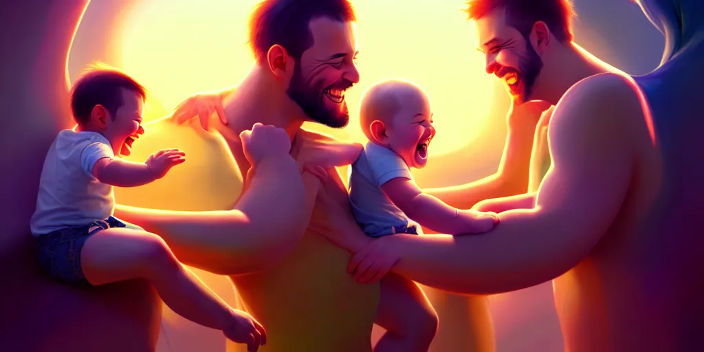 Image similar to epic professional digital art of a happy baby boy with his two fathers, best on artstation, cgsociety, wlop, cosmic, epic, stunning, gorgeous, much detail, much wow, masterpiece, backlight