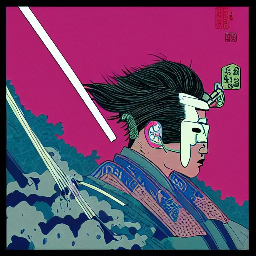 Prompt: cyberpunk synth wave samurai in the style of hokusai