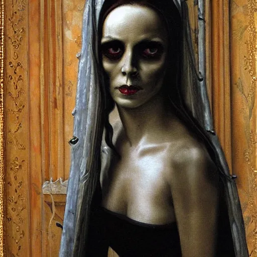 Image similar to portrait of a beautiful woman, gothic, high detail, oil painting by giger