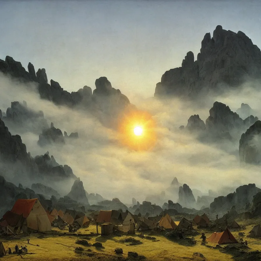 Image similar to village above the clouds, sharp pointy mountains, wooden platforms, tents, colors, misty clouds, sun at dawn, brutalism, painting by caspar david friedrich