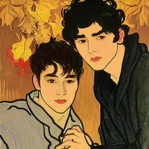 Image similar to painting of young cute handsome beautiful dark medium wavy hair man in his 2 0 s named shadow taehyung and cute handsome beautiful min - jun together at the halloween party, bubbling cauldron, candles, smoke, tarot, autumn colors, elegant, stylized, soft facial features, delicate facial features, art by alphonse mucha, vincent van gogh, egon schiele