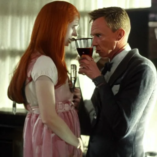 Prompt: Amy Pond having a drink with James Bond