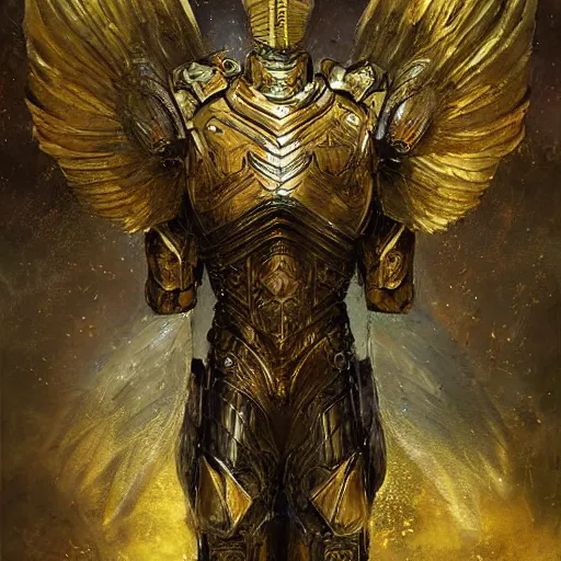 Prompt: knight in golden shiny armor with wings art by Daniel Dociu detailed