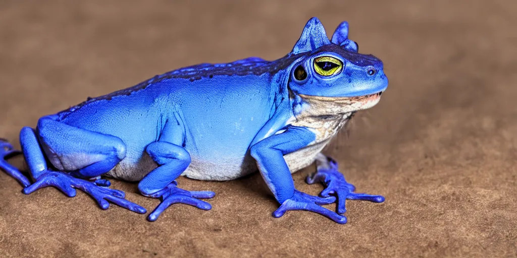 Prompt: Award winning photograph of a hybrid between a cat and a blue frog with a white belly, 4k