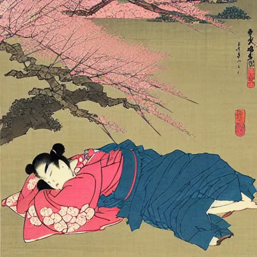 Image similar to japanese edo period woodblock print of a girl laying underneath pink blossoming cherry trees in the background, art by greg rutkowski and yoji shinkawa and akira toriyama