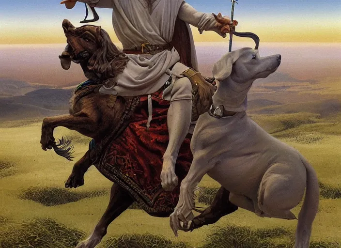 Image similar to Highly detailed oil painting of Gandalf the White riding a dachshund, intricate artwork by Angus McBride, John Howe, Matthew Stewart, Ted Nasmith, heroic fantasy