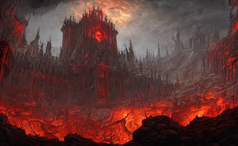 Image similar to a detailed matte painting of the the deepest most evil chambers of hell, in the style of doom eternal, dantes inferno, dark souls, trending on artstation, highly detailed, digital painting, concept art, unreal engine, 4 k wallpaper