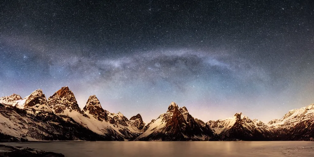 Image similar to Galactic arch, snowy mountains and lakes, in the style of National Geographic magazine, astronomical photography