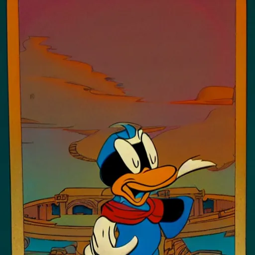 Image similar to donald duck, in a lost ancient city, by carl barks, atmospheric lights