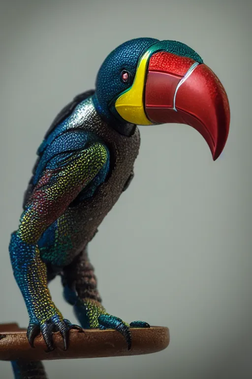 Image similar to a macro photo of a cyborg toucan miniature figurine, dynamic pose, chrome parts, intricate details, intricately detailed textures, warm lighting, vivid colors, realistic octane render, hyper realistic render, volumetric shading, depth of field, raytracing, 8 k,
