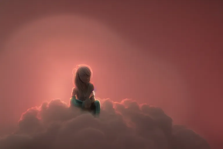 Prompt: a cute robot girl sitting on a cloud relaxing, misty, digital art, hazy, foggy, red lighting, ambient lighting, 8 k,