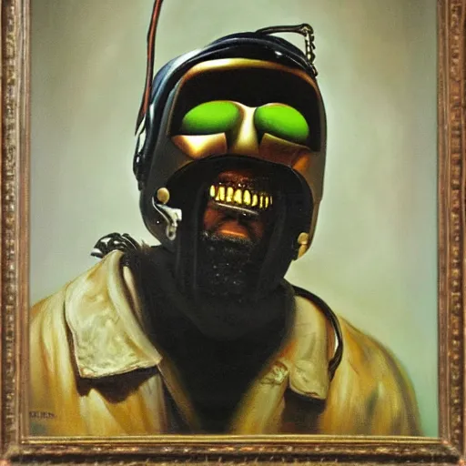 Prompt: oil painting of mf doom by rembrandt