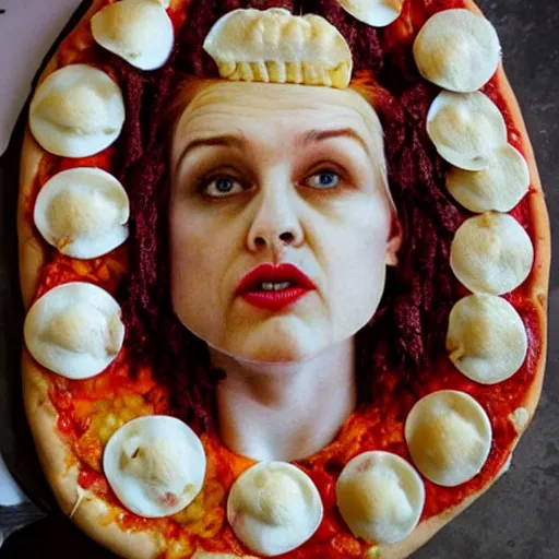 Prompt: nightmare queen of england made out of pizza, photorealistic