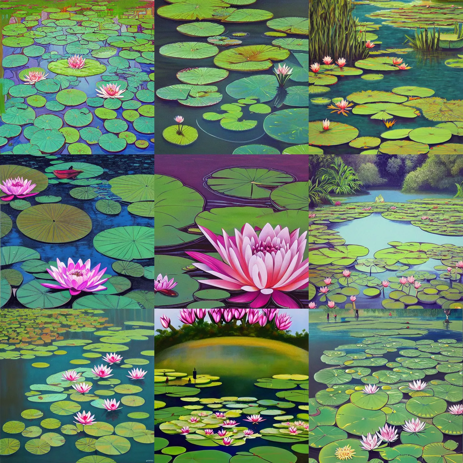 Prompt: a beautiful painting of a water lily pond by asaf hanuka, trending on artstation