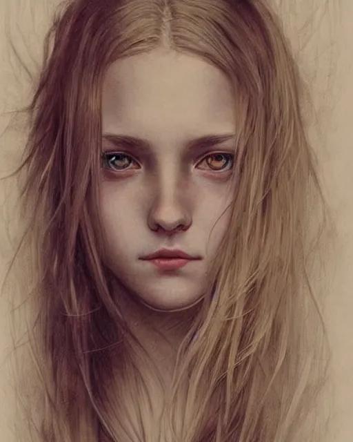 Image similar to portrait of 1 6 - year - old woman with dirty blonde hair down to her waist, pale eyebrows and protuberant silver eyes, wearing white shirt, hyper realistic face, beautiful eyes, fantasy art, in the style of greg rutkowski, intricate, alphonse mucha, hyper detailed, smooth