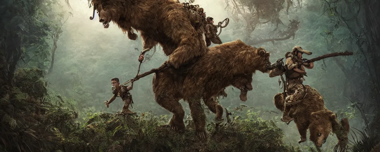 Prompt: an intricate concept illustration of a boy riding on a military bear in the jungle, artstation, fantasy, hyper realistic, concept art, art by dylan cole, cinematic lighting, fantasy color palette