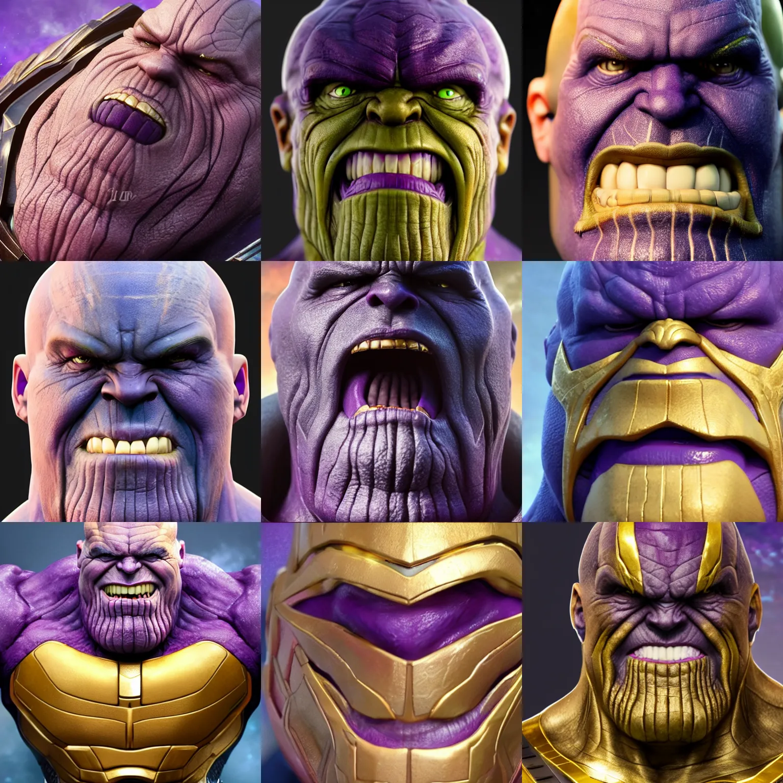 Prompt: Up Close photo of Thanos with a goofy grin, silly smile trending on artstation