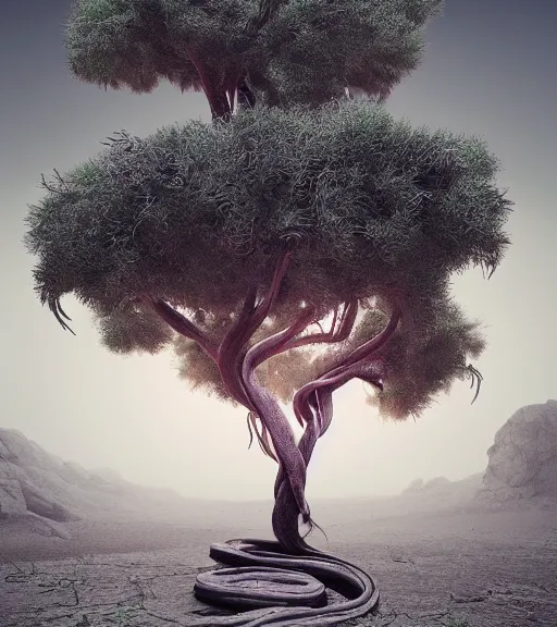 Prompt: surreal white snakes in shape of tree, ancient in the desert, foggy sky, dark night, octane render, unreal engine, pale colors, high detail, 8 k, wide angle, trending on artstation, behance