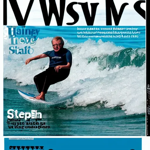 Prompt: stephen hawking catching a wave, cover of surfer magazine, july 2 0 1 1