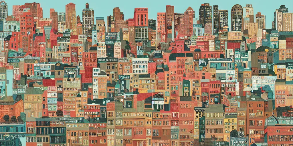 Image similar to A cityscape illustrations, by Wes Anderson, hyper detailed, intricate